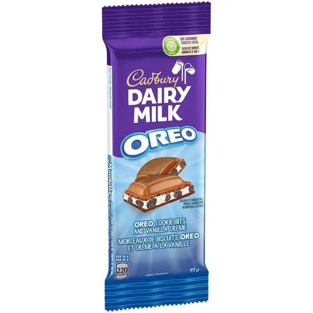 Cadbury Dairy Milk, OREO Cookie Bits and Vanilla Creme, Chocolatey Candy Bar, 95 g, case 12ct